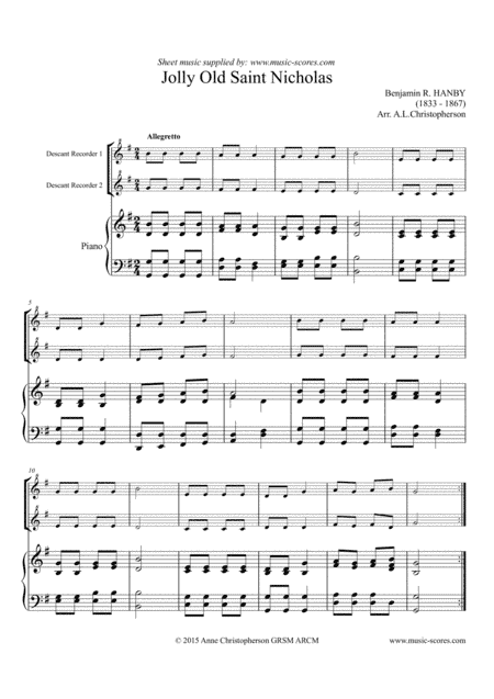 Jolly Old Saint Nicholas - 2 Descant Recorders and Piano (arr. Anne L Christopherson GRSM ARCM)