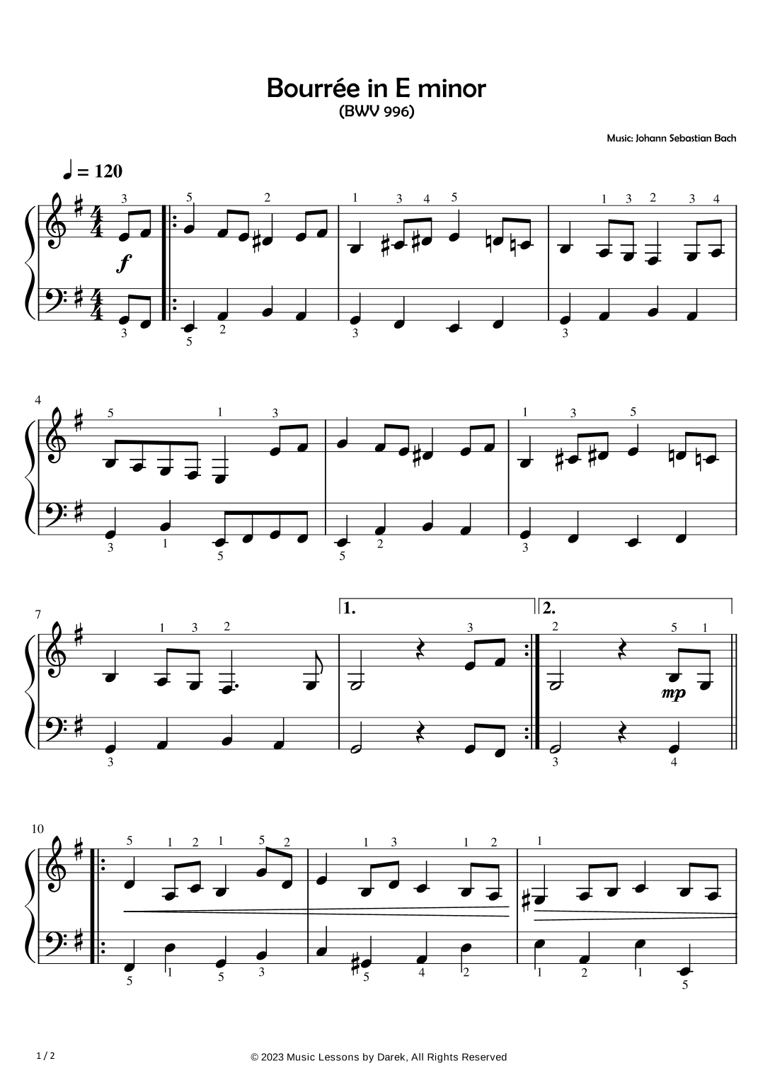 Bourrée in E minor (EASY PIANO) (BWV 996) [Johann Sebastian Bach] (arr. Darek)