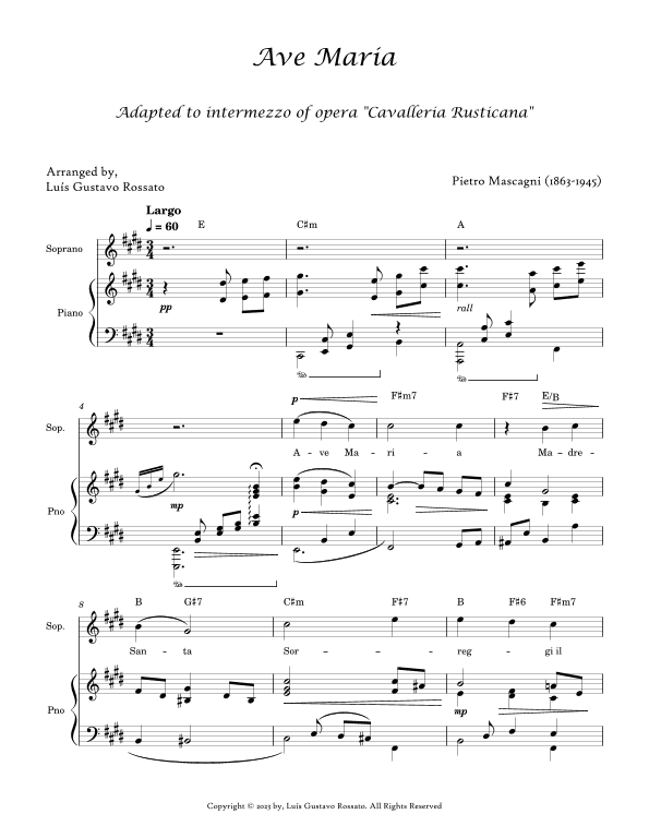 Mascagni - Ave Maria (SOPRANO - E Major) (arr. Luís Gustavo Rossato)