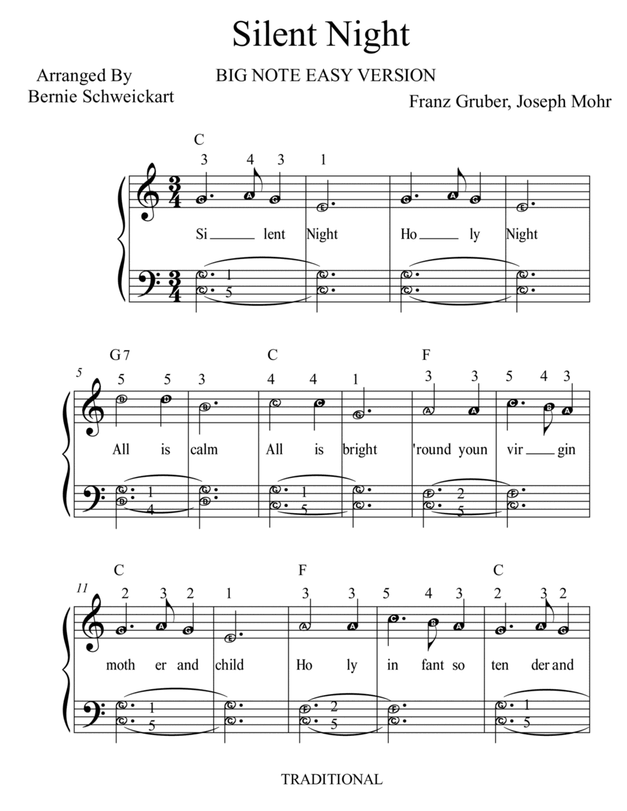 Silent Night (BIG NOTE VERSION) With Fingering (arr. Bernie Schweickart)