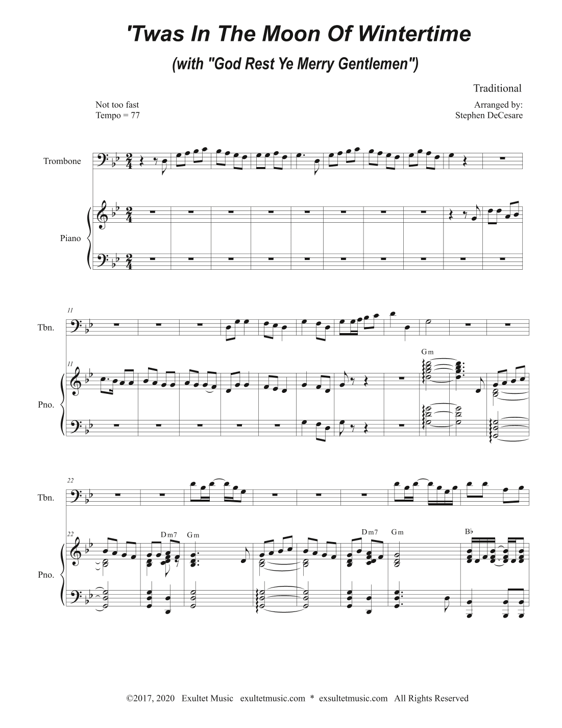 'Twas In The Moon Of Wintertime (with "God Rest Ye Merry Gentlemen") (Trombone solo and Piano) (arr. Stephen DeCesare)