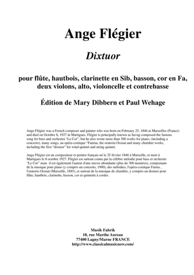 Ange Flégier: Dixtuor for flute, oboe, clarinet, bassoon, horn, two violins, viola, violoncello and (arr. Musik Fabrik Music Publishing)