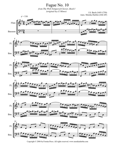 Bach Fugue No. 10 for Woodwind Duet (Flute and Bassoon) (arr. Monika Durbin)