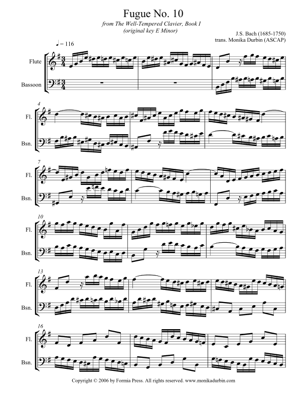 Bach Fugue No. 10 for Woodwind Duet (Flute and Bassoon) (arr. Monika Durbin)