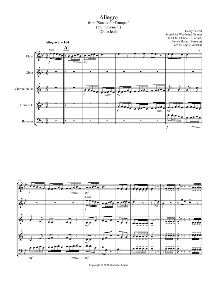 Allegro (from "Sonata for Trumpet") (Bb) (Woodwind Quintet - 1 Flute, 1 Oboe, 1 Clar, 1 Hrn, 1 Basso (arr. Regis Bookshar)
