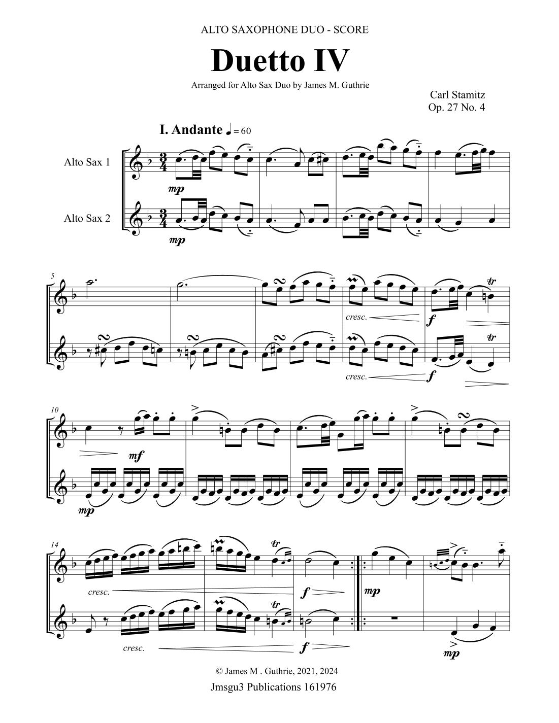 Stamitz: Duet Op. 27 No. 4 for Alto Sax Duo (arr. James M. Guthrie)