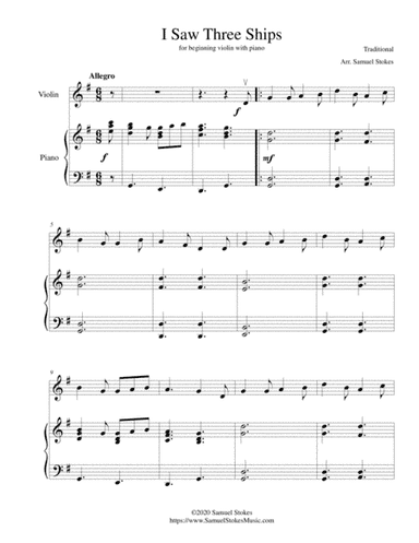 I Saw Three Ships - for beginning violin with optional piano accompaniment (arr. Samuel Stokes)