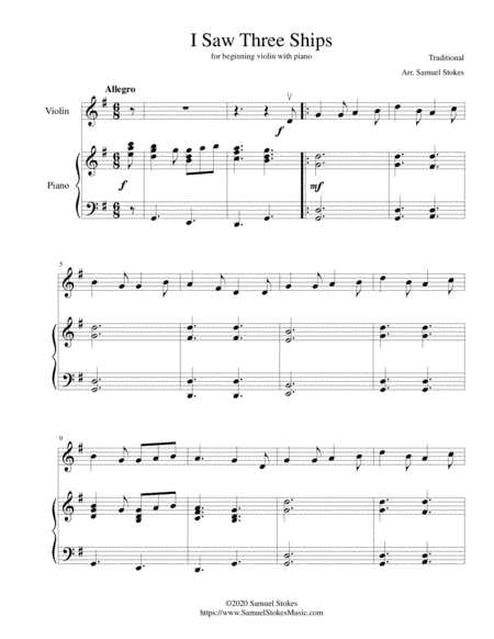 I Saw Three Ships - for beginning violin with optional piano accompaniment (arr. Samuel Stokes)