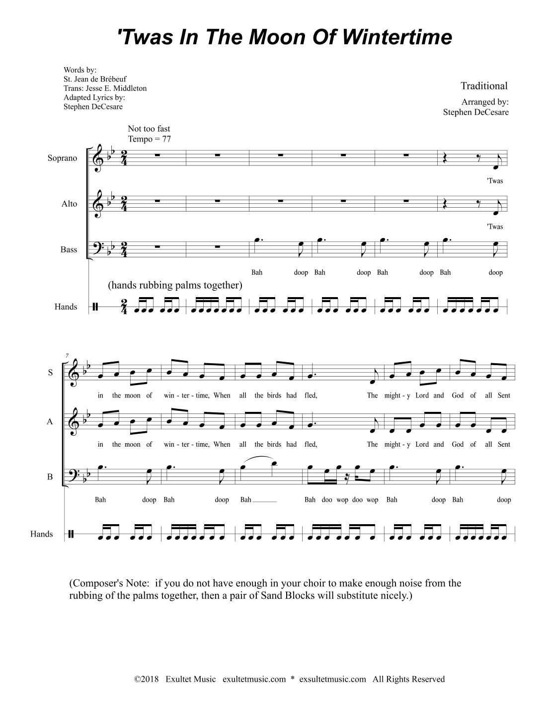 'Twas In The Moon Of Wintertime (SAB) (arr. Stephen DeCesare)