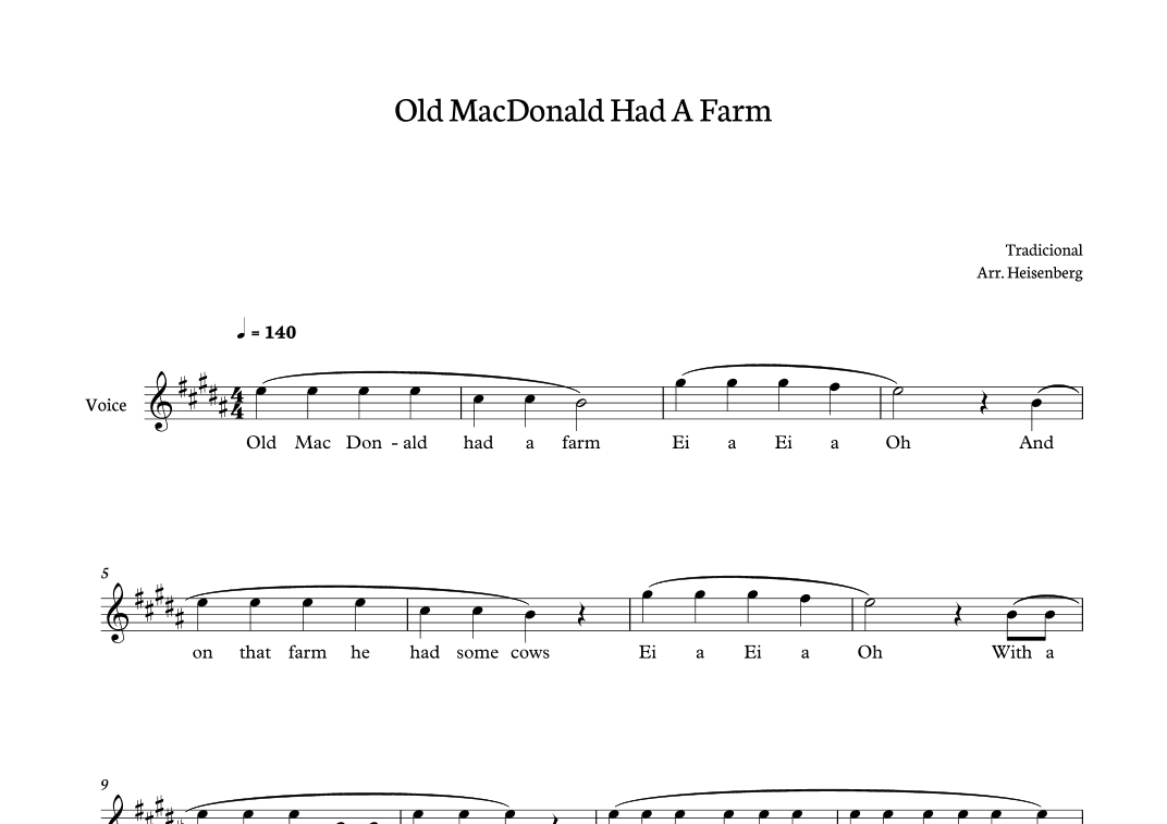 Old MacDonald Had a Farm for voice in B major (arr. Heisenberg)