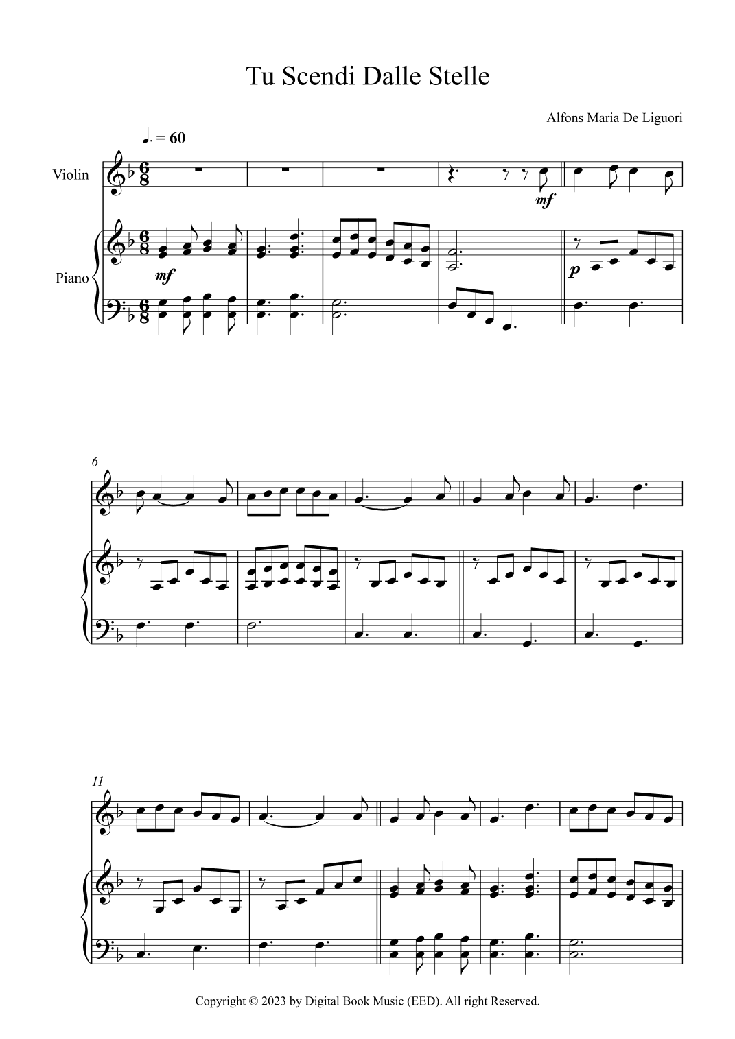 Tu Scendi Dalle Stelle - Alfons Maria De Liguori (Violin + Piano) (arr. Digital Book Music)