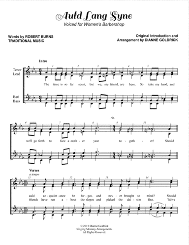 Auld Lang Syne, Women's Barbershop (arr. Dianne Goldrick)