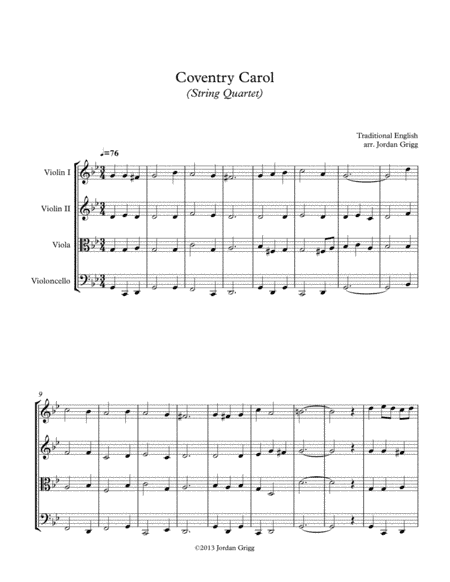 Coventry Carol (String Quartet) - Score and parts (arr. Jordan Grigg)