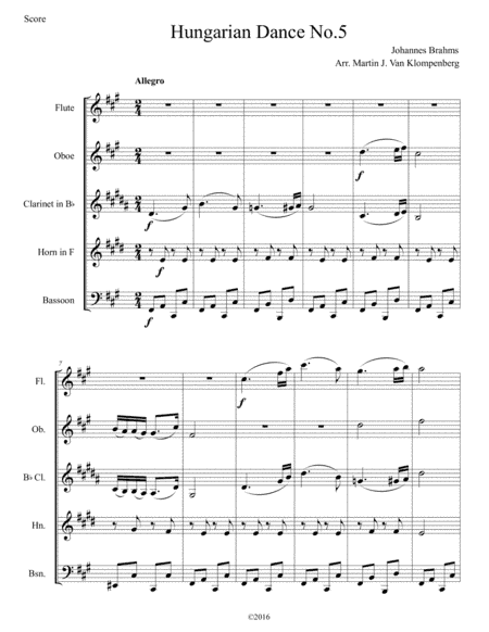 Hungarian Dance No.5 for Woodwind Quintet (arr. Martin J. Van Klompenberg)
