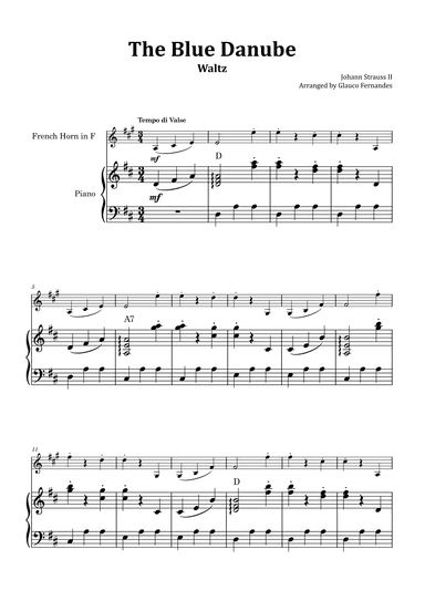 The Blue Danube - French Horn and Piano with Chord Notations (arr. Glauco Fernandes)