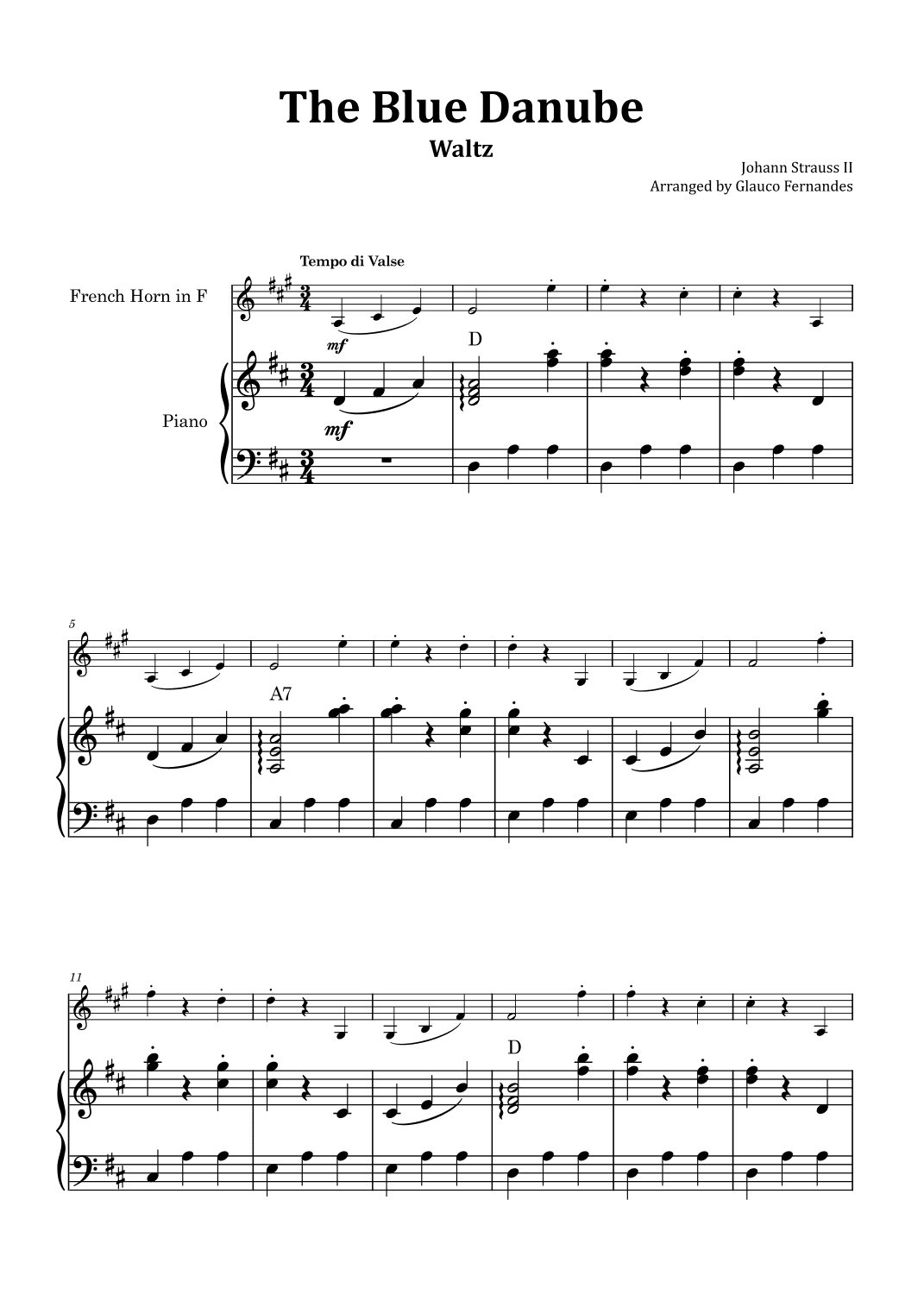 The Blue Danube - French Horn and Piano with Chord Notations (arr. Glauco Fernandes)