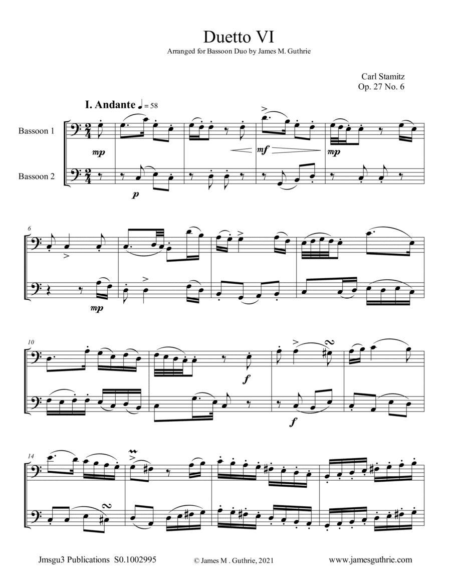 Stamitz: Duet Op. 27 No. 6 for Bassoon Duo (arr. James M. Guthrie)