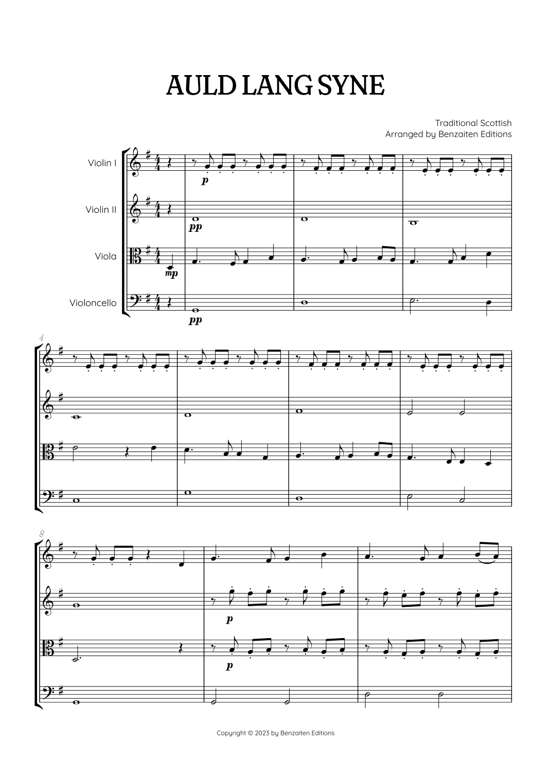Auld Lang Syne • New Year's Anthem | String Quartet sheet music (arr. Benzaiten Editions)
