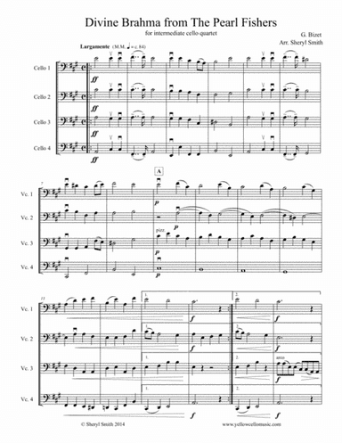 Divine Brahma, from Bizet's opera The Pearl Fishers, arranged for intermediate cello quartet (arr. Yellow Cello Music)