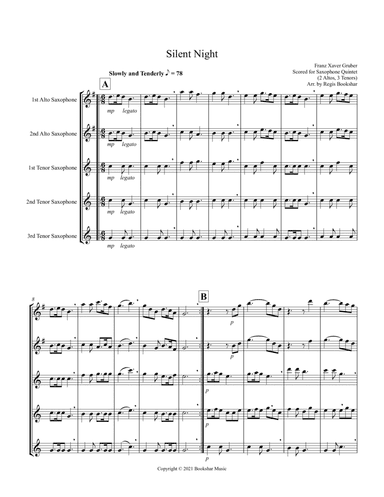 Silent Night (Bb) (Saxophone Quintet - 2 Alto, 3 Tenor) (arr. Regis Bookshar)