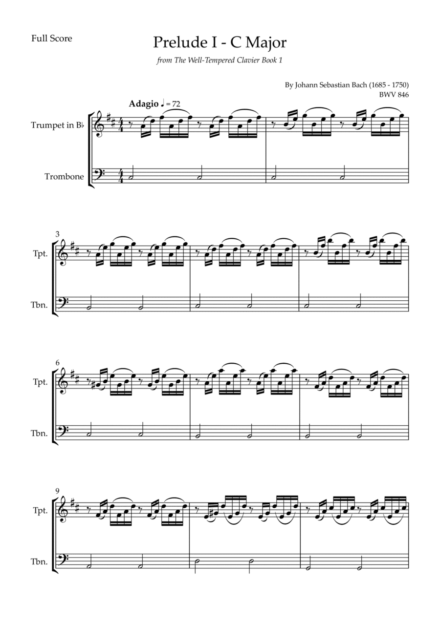 Prelude 1 in C Major BWV 846 (from Well-Tempered Clavier Book 1) for Trumpet in Bb & Trombone Duo (arr. Fabio Britto)