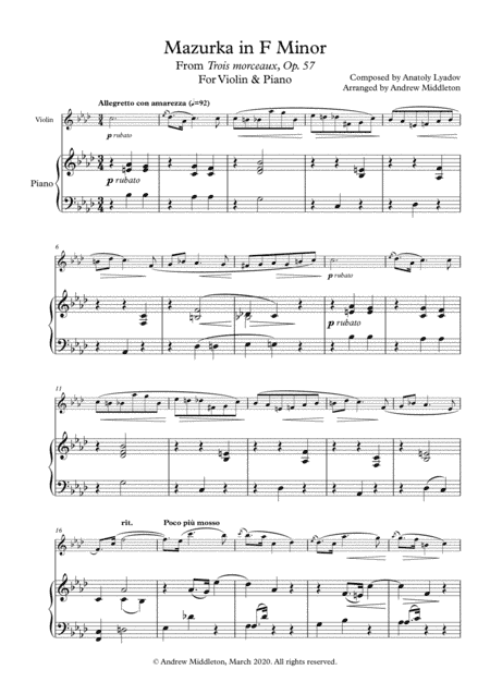 Mazurka in F Minor Op. 57 arranged for Violin & Piano (arr. Andrew Middleton)