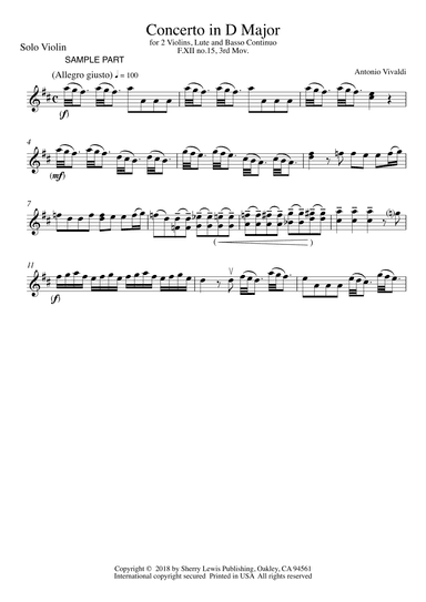 CONCERTO IN D MAJOR FOR 2 VIOLINS, LUTE AND BASSO CONTINUO, F.XII NO.15, 3rd Mov., SOLO VIOLIN (arr. Sherry Lewis)