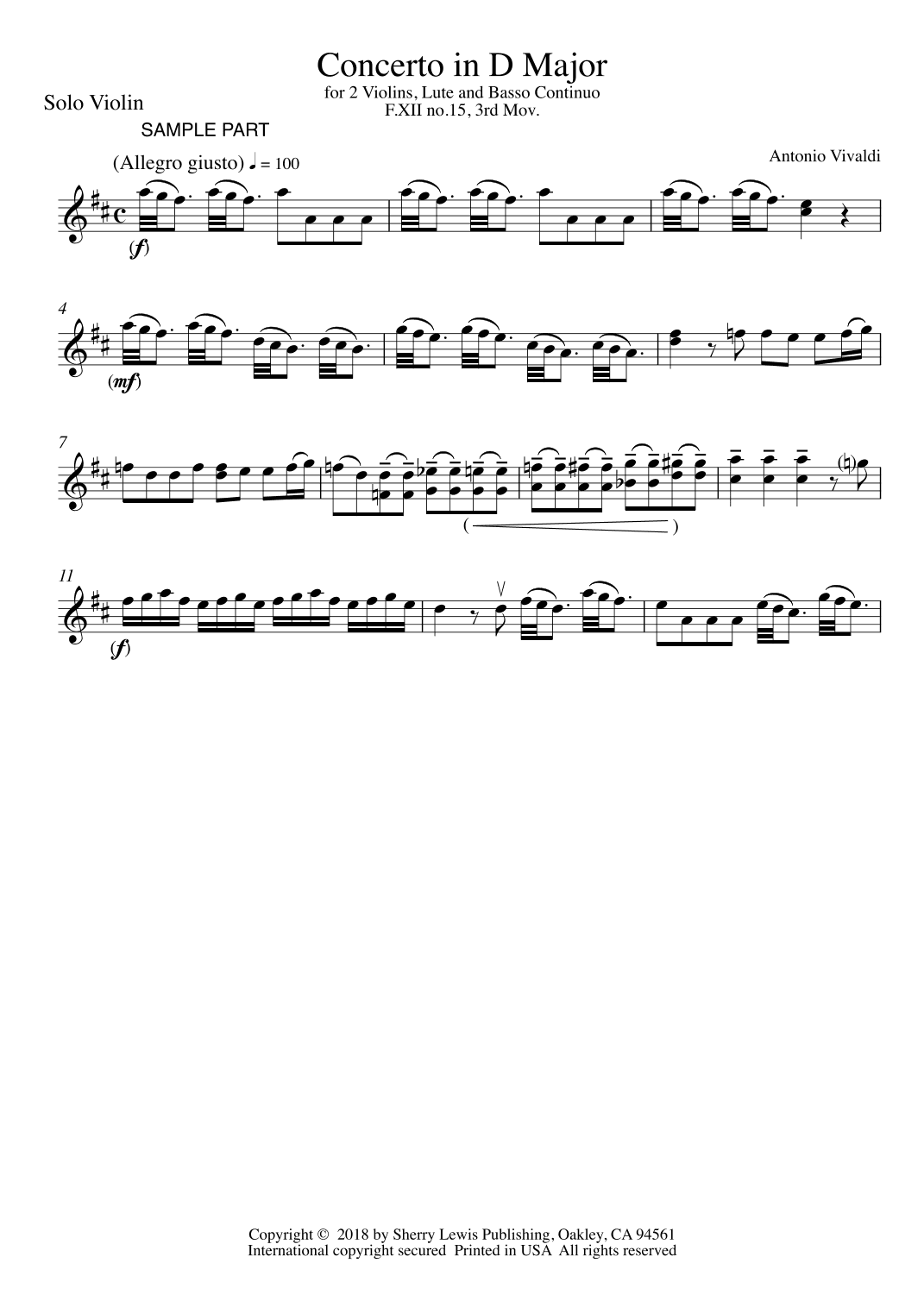 CONCERTO IN D MAJOR FOR 2 VIOLINS, LUTE AND BASSO CONTINUO, F.XII NO.15, 3rd Mov., SOLO VIOLIN (arr. Sherry Lewis)