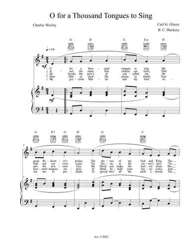 O for a Thousand Tongues to Sing (Piano/Vocal/Guitar) (arr. B. C. Dockery)