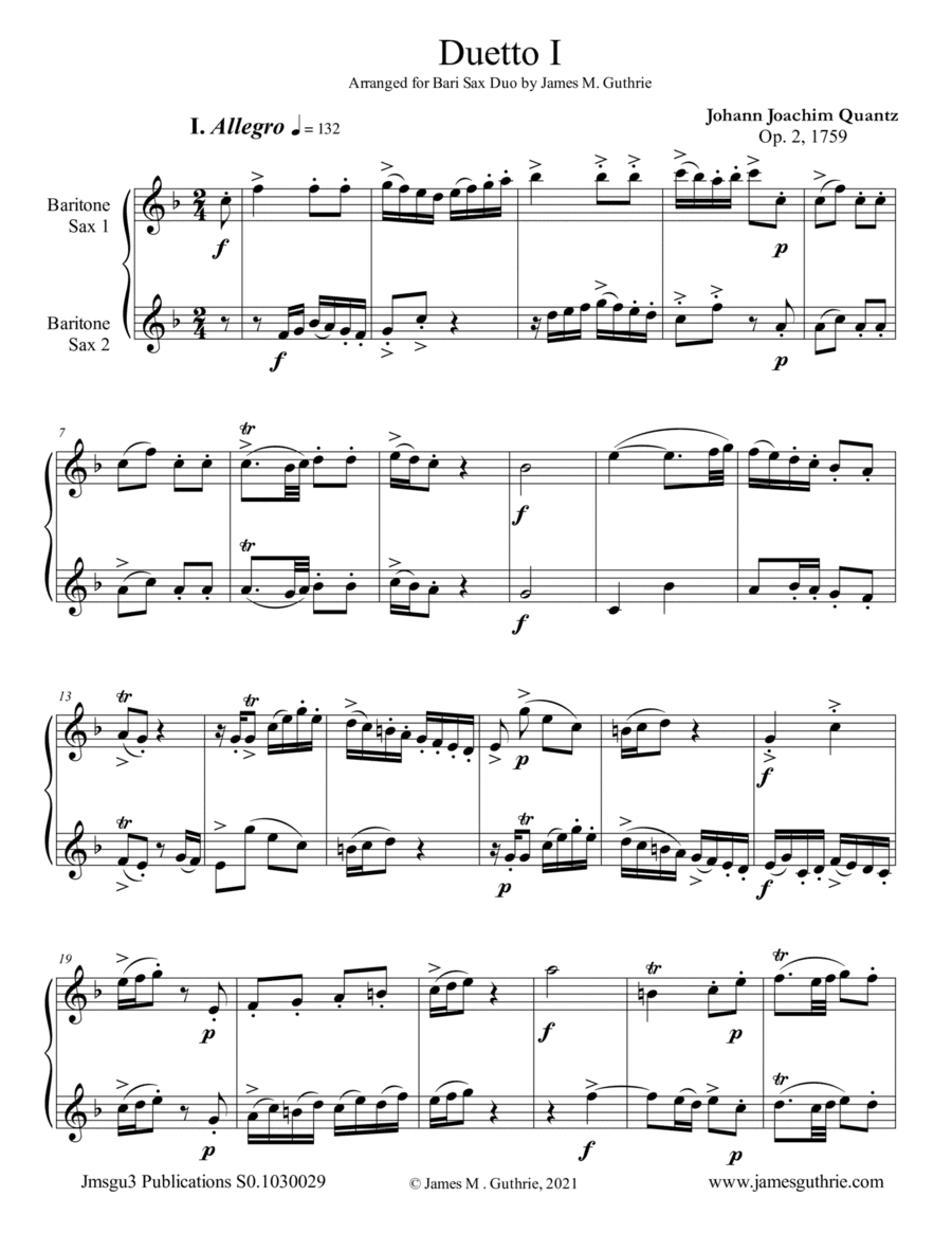 Quantz: Duetto Op. 2 No. 1 for Baritone Sax Duo (arr. James M. Guthrie)