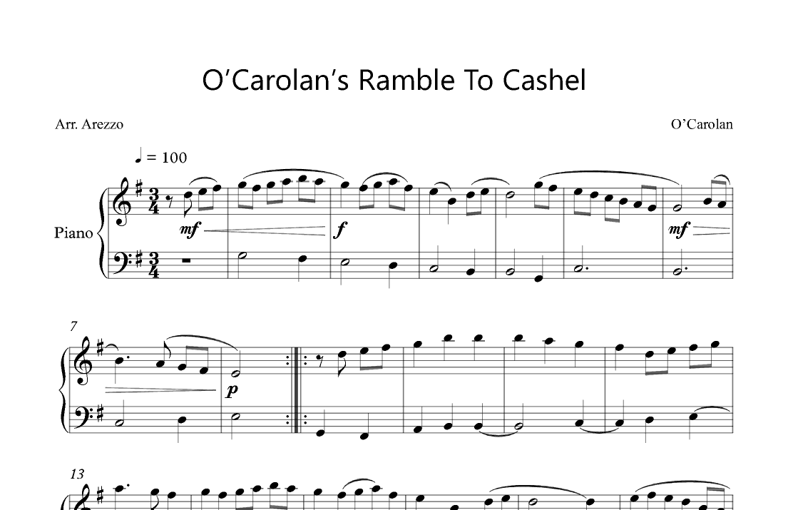 O’Carolan’s Ramble To Cashel For Easy Piano (arr. Arezzo Music)