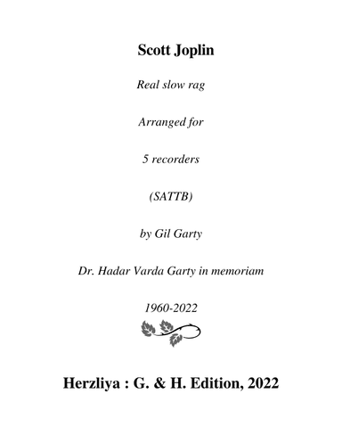 Real slow rag from the opera "Treemonisha" (arrangement for 5 recorders (SATTB)) (arr. Gil Garty)