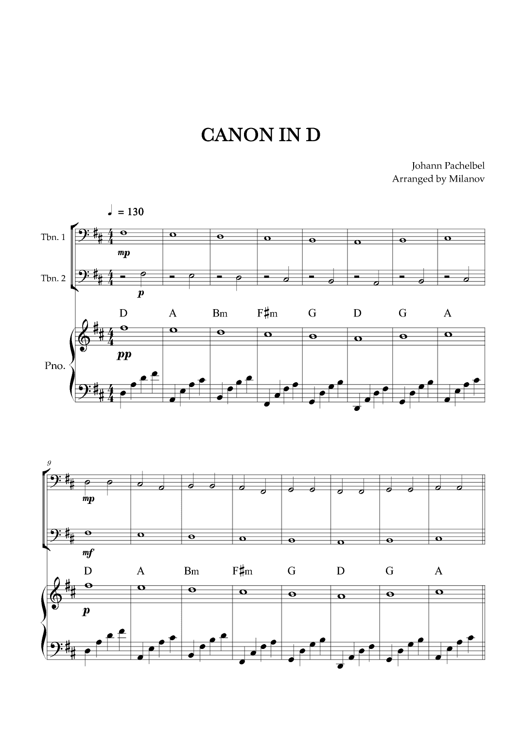 Canon in D | Pachelbel | Trombone Duet | Piano accompaniment (arr. Milanov)