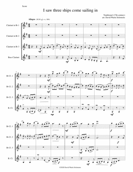 Variations on "I saw three ships come sailing in" for clarinet quartet (arr. David Warin Solomons)