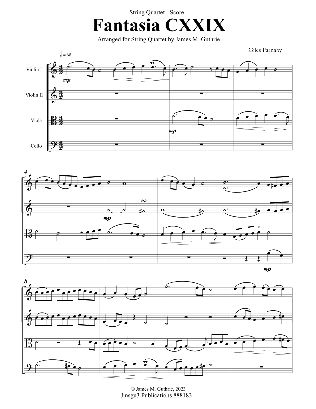Farnaby: Fantasia CXXIX for String Quartet (arr. James M. Guthrie)