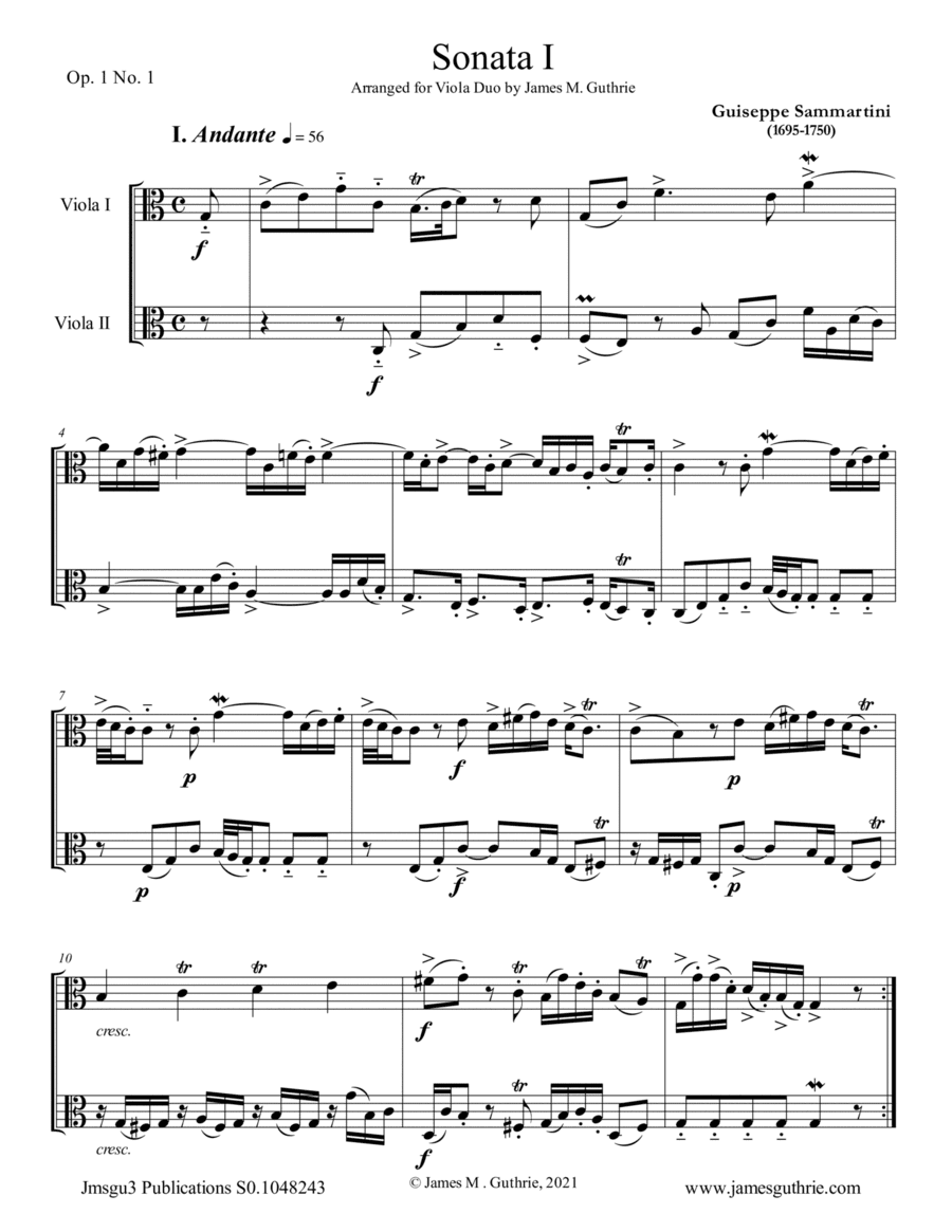 Sammartini: Sonata Op.1 No.1 for Viola Duo (arr. James M. Guthrie)