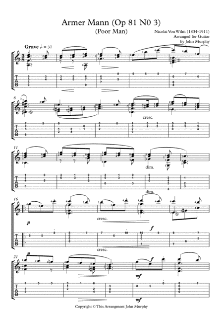 Armer Mann by N. Von Wilm Arranged for Guitar in Notes and Tab (arr. John Murphy)