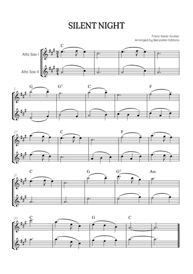 Silent Night for alto sax duet • easy Christmas song sheet music (w/ chords) (arr. Benzaiten Editions)