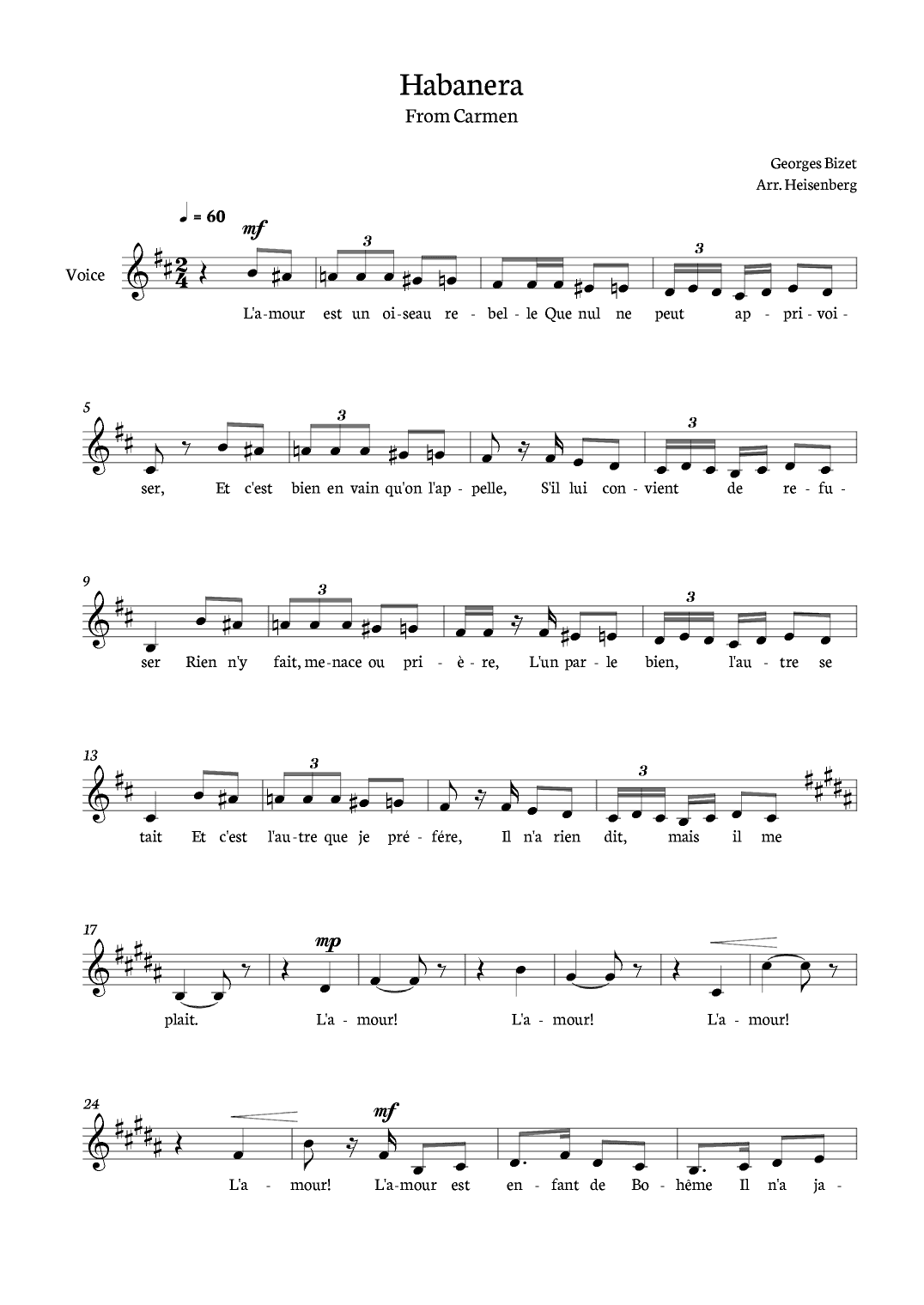 Habanera Carmen for voice in B minor (arr. Heisenberg)