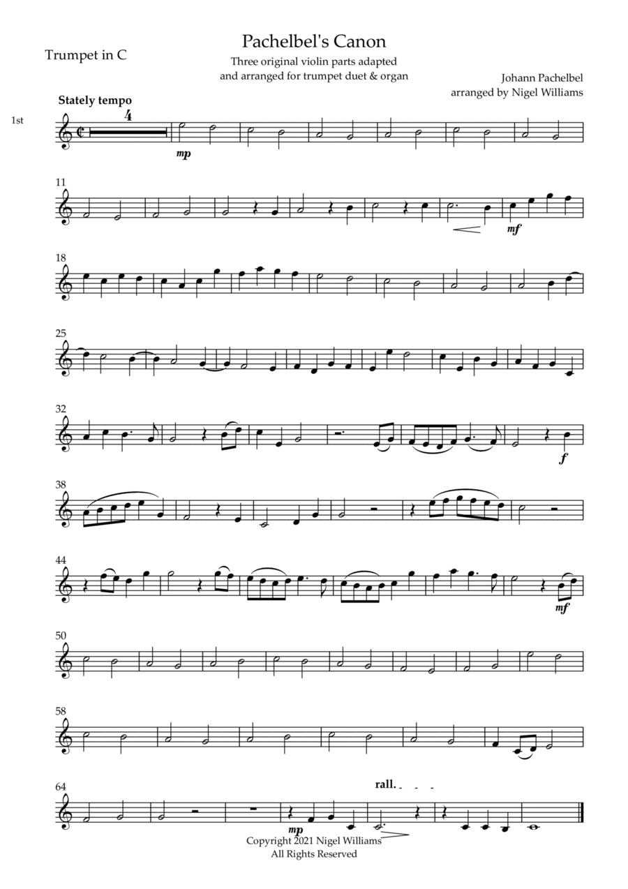 Pachelbel's Canon, for Trumpet Duet and Organ (arr. Nigel Williams)