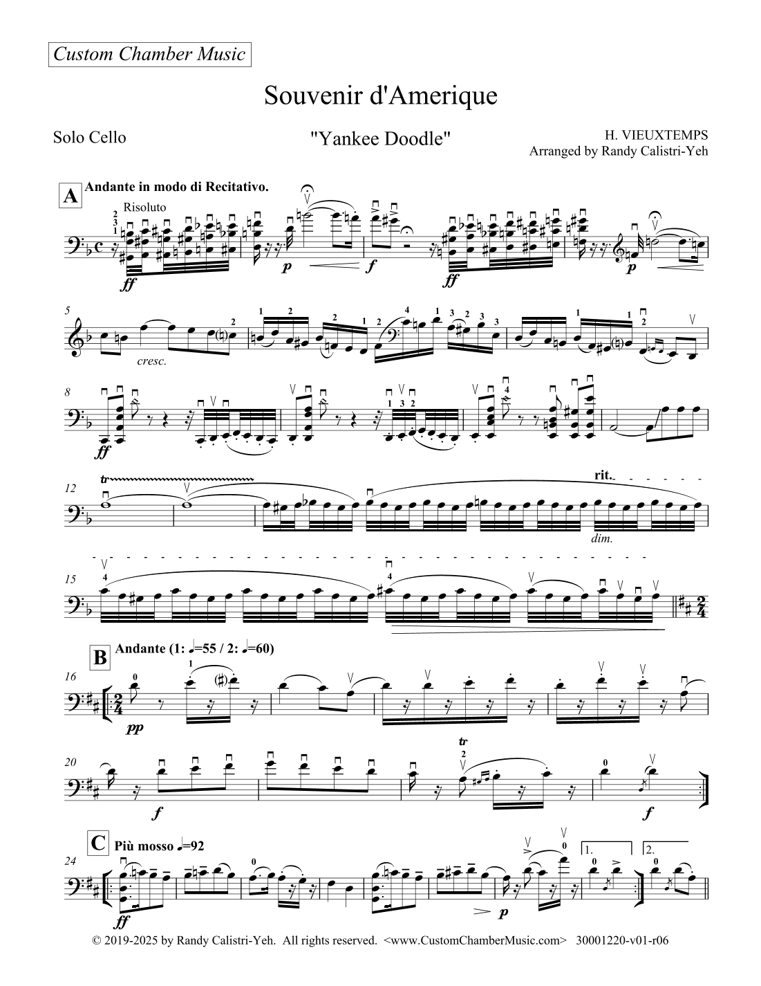 Souvenir d'Amerique (Variations on "Yankee Doodle") (solo cello or viola) (arr. Randy Calistri-Yeh)