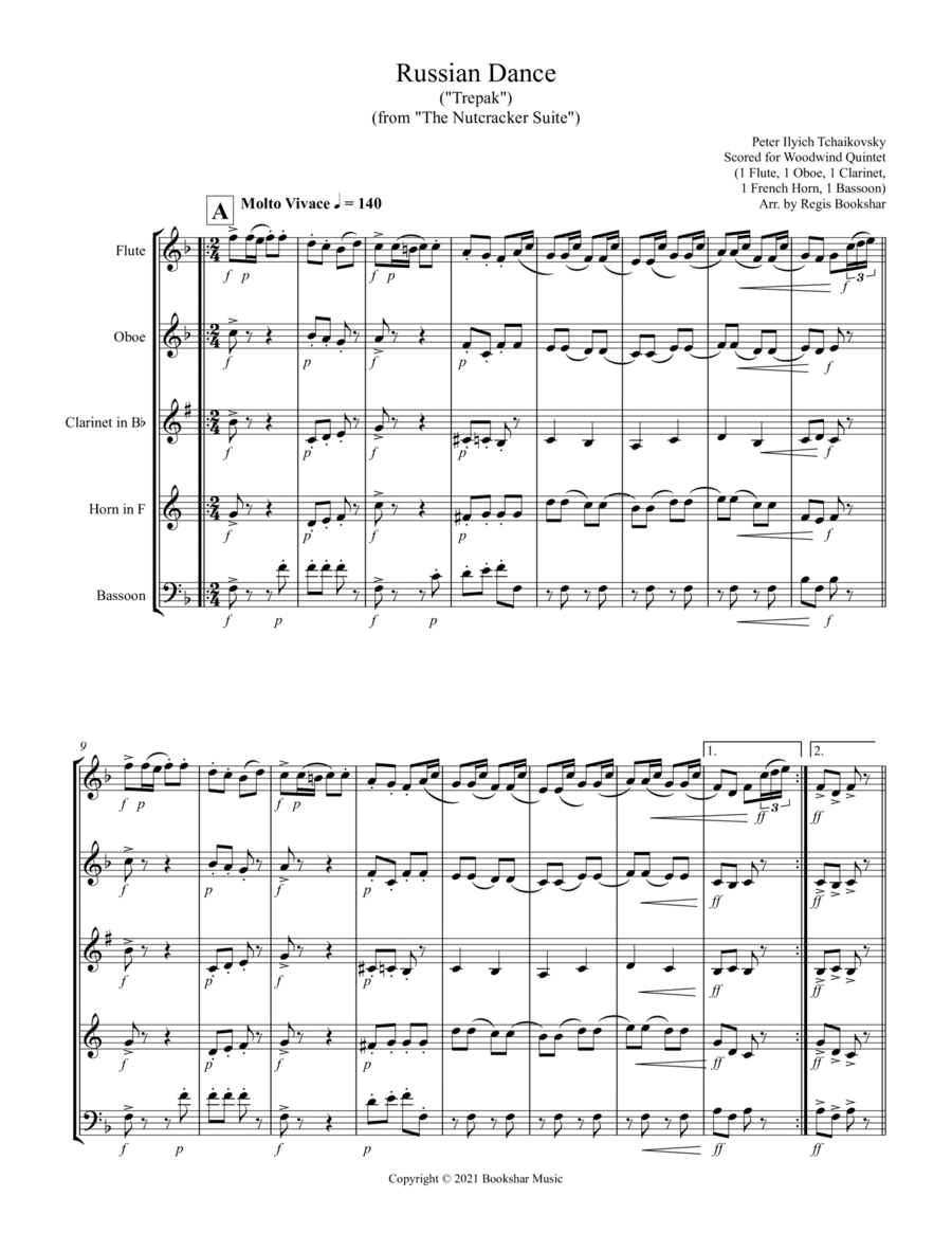 Russian Dance ("Trepak") (from "The Nutcracker Suite") (F) (Woodwind Quintet - 1 Flute, 1 Oboe, 1 Cl (arr. Regis Bookshar)