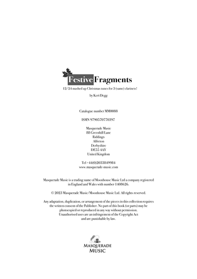 Festive Fragments 12/24 Christmas Carols for 3 same clarinets. Fun for Easy/intermediate. Keri Degg