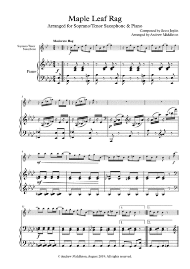 Maple Leaf Rag arranged for Tenor Saxophone and Piano (arr. Andrew Middleton)