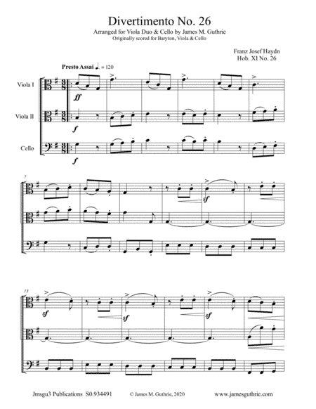 Haydn: Divertimento No. 26, Trio for 2 Violas & Cello (arr. James M. Guthrie)