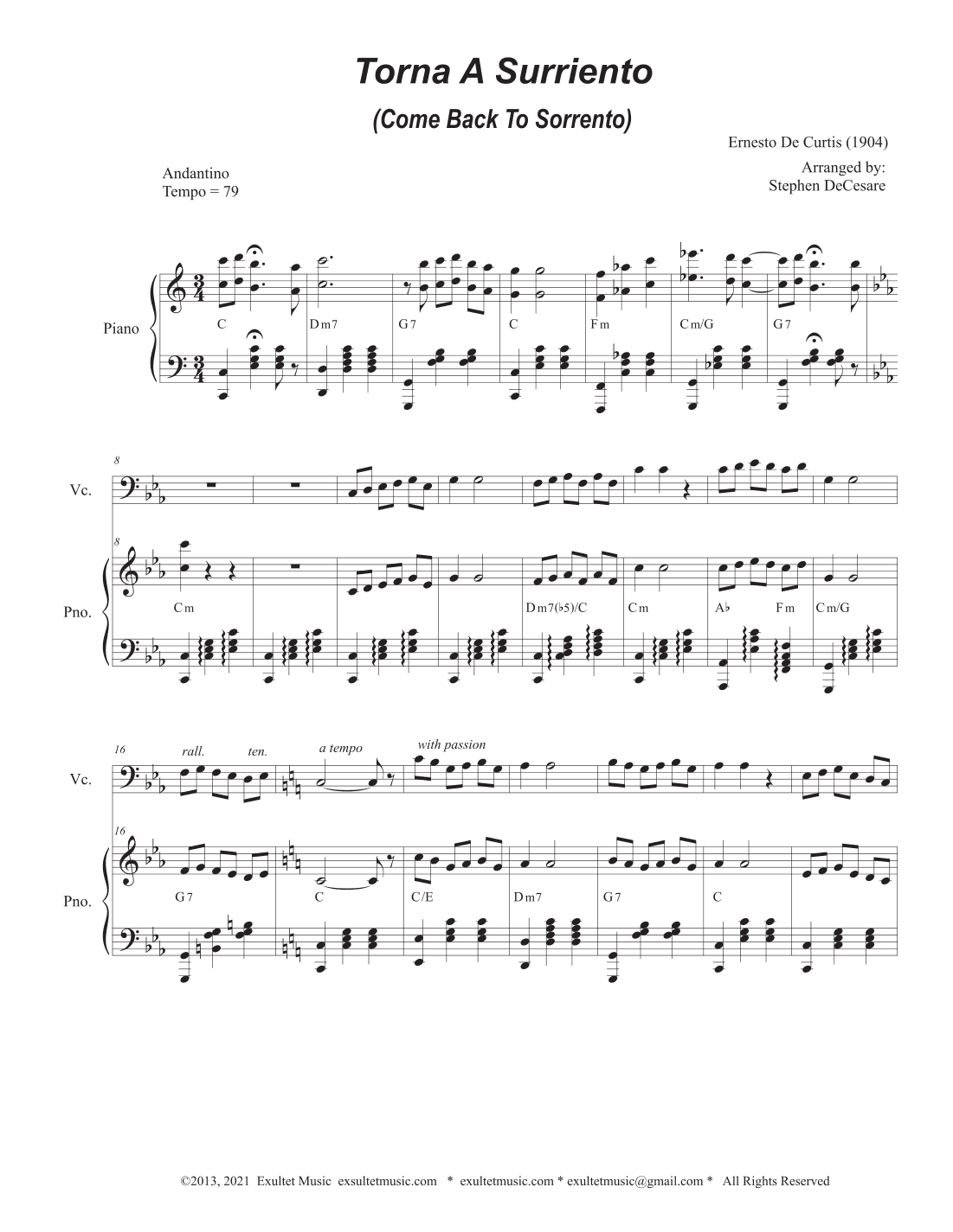 Torna A Surriento (Come Back to Sorrento) (Cello solo and Piano) (arr. Stephen DeCesare)