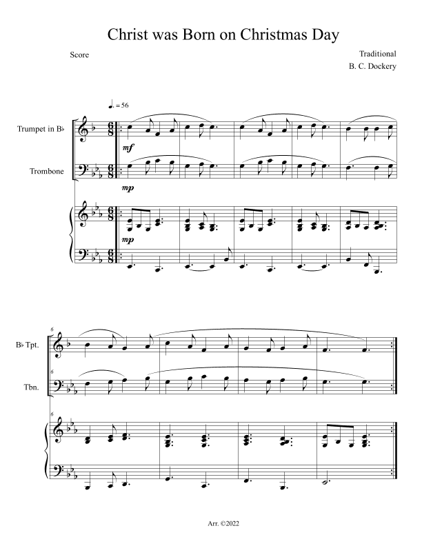 Christ was Born on Christmas Day (Trumpet and Trombone Duet with Piano Accompaniment) (arr. B. C. Dockery)