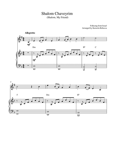 Shalom Chaveyrim (Shalom, My Friend) (for clarinet in B flat solo and piano accompaniment) (arr. Kaiserin Rebecca)