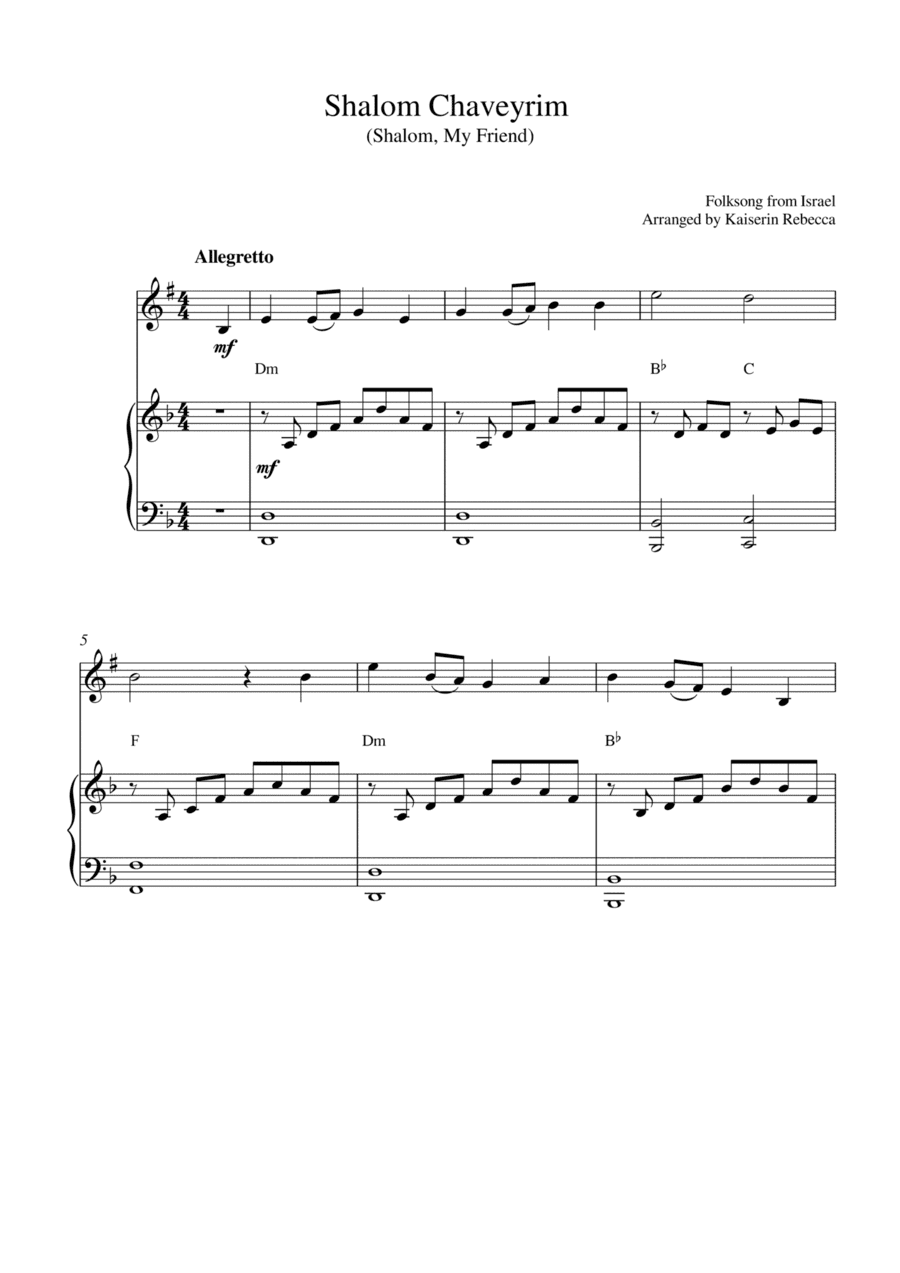 Shalom Chaveyrim (Shalom, My Friend) (for clarinet in B flat solo and piano accompaniment) (arr. Kaiserin Rebecca)
