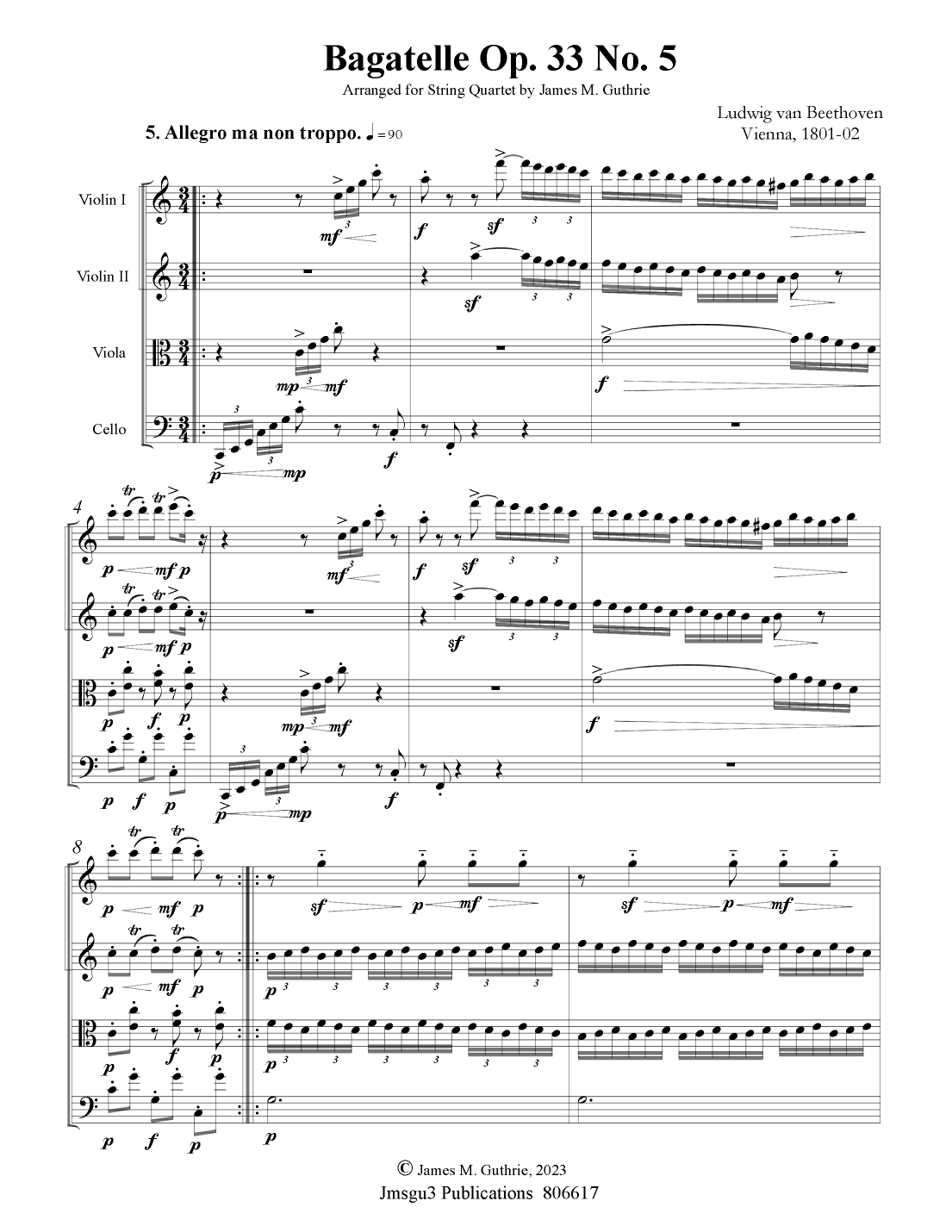 Beethoven: Bagatelle Op. 33 No. 5 for String Quartet (arr. James M. Guthrie, ASCAP)